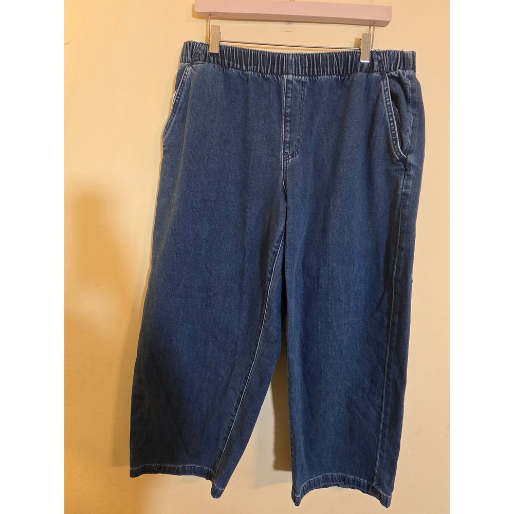American Eagle Denim Culottes Wide Leg Elastic Waist Crop Pants Blue Large Short